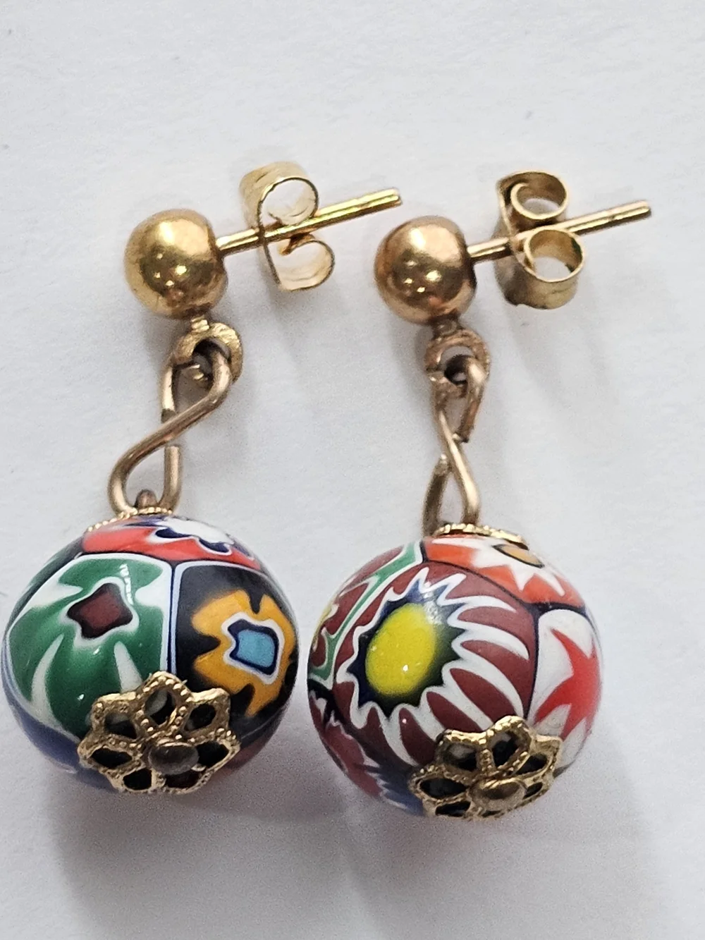 Gold-Tone Multicolor Millefiori Glass Drop Earrings. Murano ~ Vtg Pierced